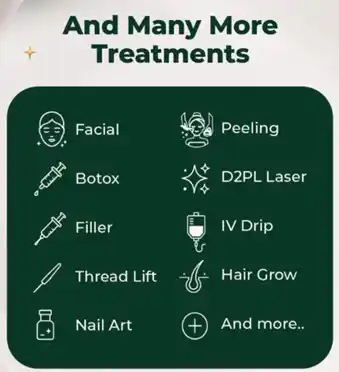 Daftar treatment Embba Beauty Clinic seperti facial, peeling, botox, filler, D2PL laser, IV drip, thread lift, hair grow, dan nail art